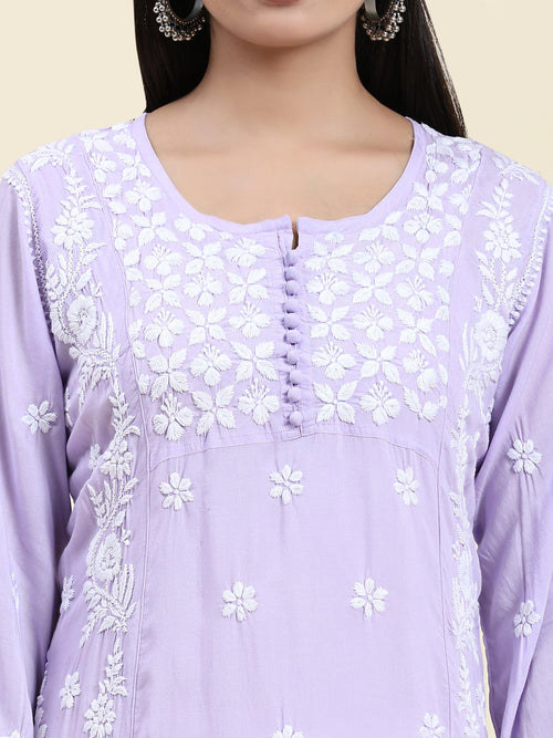 Lavender Fiza Chanderi Chikankari Straight Kurti - TheChikanLabel | Lucknow  Chikankari Kurtis & Suits